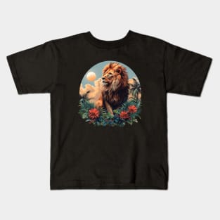 A Proud Lion Relaxes in the Evening Red Flowers In The Jungle The King of the Jungle Lion Kids T-Shirt